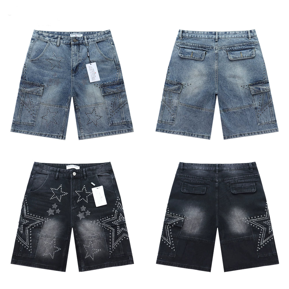 Vale washed and ironed diamond-patterned denim shorts