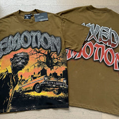 MIXED EMOTION Vintage Rhinestone Zombie Car Graphic T-Shirt (Brown)