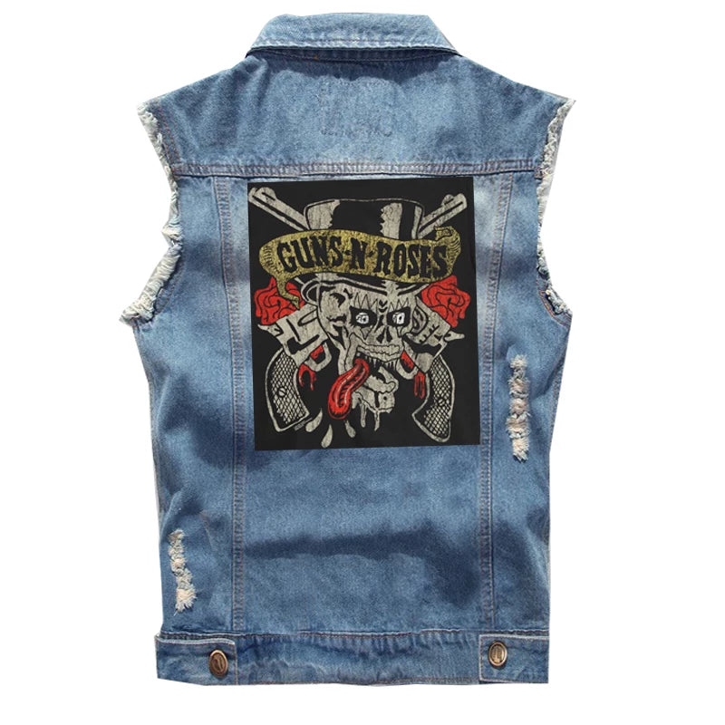Guns N Roses sleeveless vest, punk style rock denim vest, pure cotton denim jacket (4)
