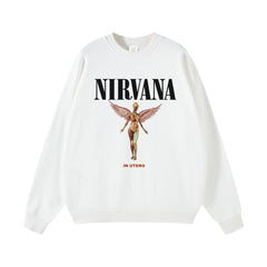 NIRVANA Nirvana Rock Band American Street Gun Flower Nirvana Black Gray White Pure Cotton Hooded Round Neck Sweatshirt (1)