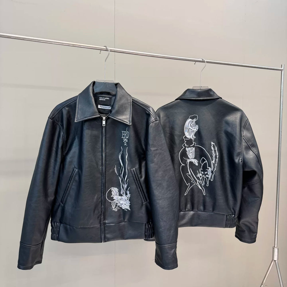 ERD mystery man embroidered PU leather jacket