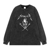 Metallica band washed old gray retro American street hip-hop rock off shoulder loose long sleeved T-shirt