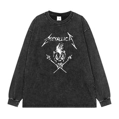 Metallica band washed old gray retro American street hip-hop rock off shoulder loose long sleeved T-shirt