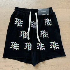 MIXED EMOTION Vintage Multi-Color Rhinestone Monogram Sweatshorts (Black)