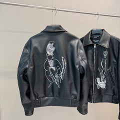 ERD mystery man embroidered PU leather jacket