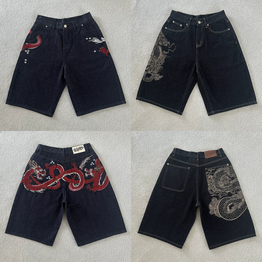 Protective Chinese dragon-patterned embroidered denim shorts
