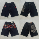 Protective Chinese dragon-patterned embroidered denim shorts