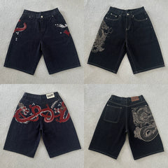 Protective Chinese dragon-patterned embroidered denim shorts