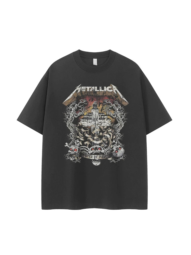 Metallica band retro American street niche design, skull cross vtg rock short sleeved T-shirt