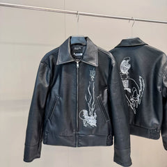 ERD mystery man embroidered PU leather jacket