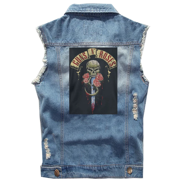 Guns N Roses sleeveless vest, punk style rock denim vest, pure cotton denim jacket (2)