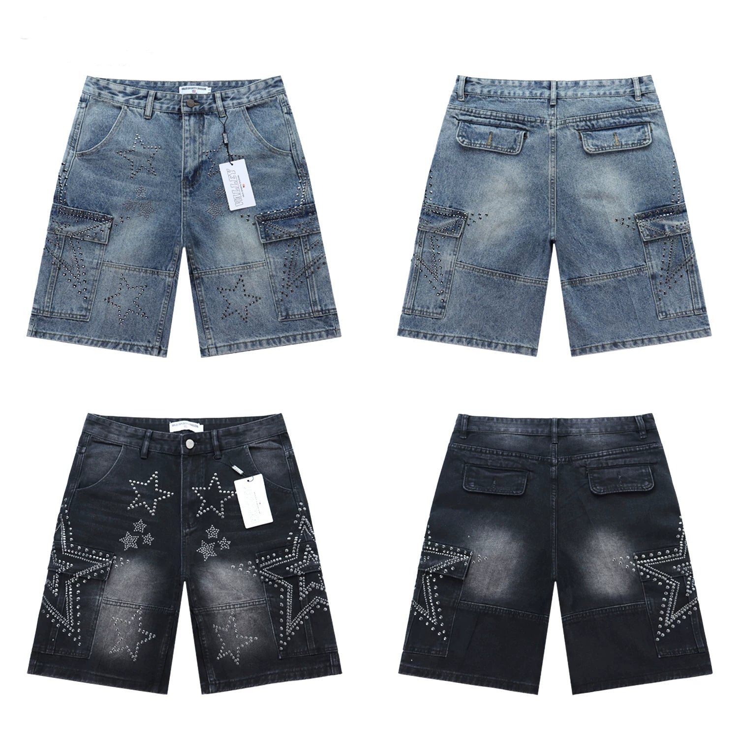 Vale washed and ironed diamond-patterned denim shorts