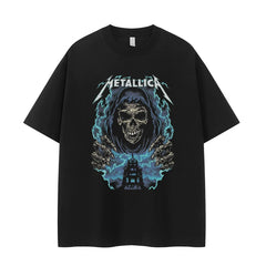 Metallica金属乐队复古美式街头暗黑骷髅落肩宽松纯棉摇滚短袖T恤
