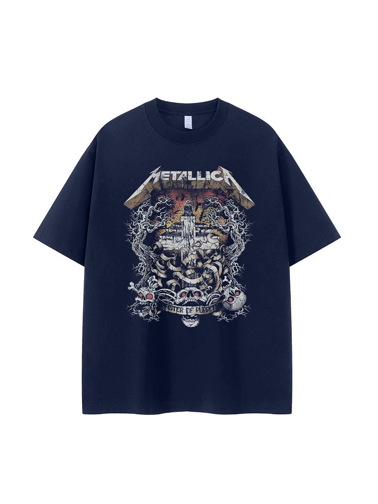 Metallica band retro American street niche design, skull cross vtg rock short sleeved T-shirt