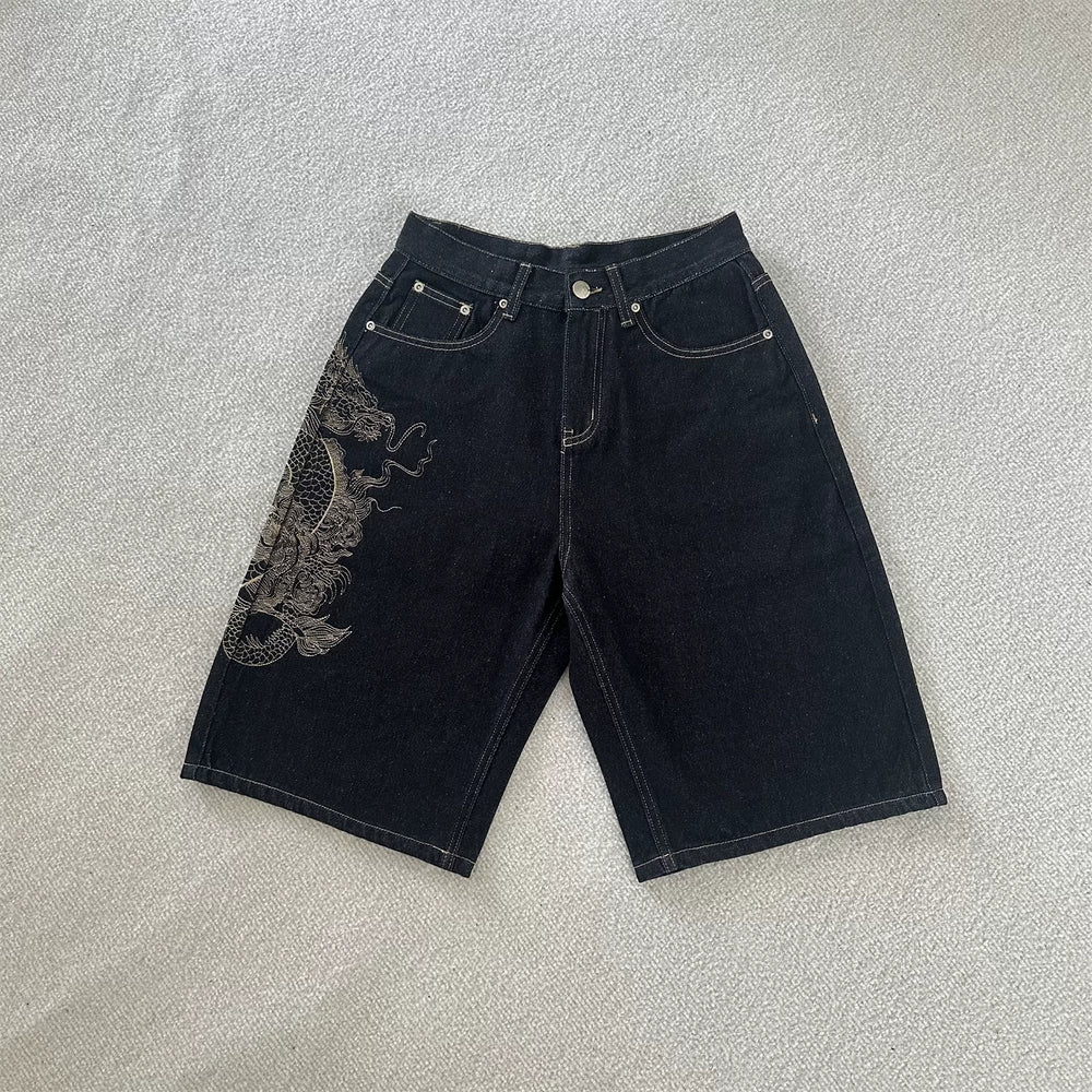 Protective Chinese dragon-patterned embroidered denim shorts