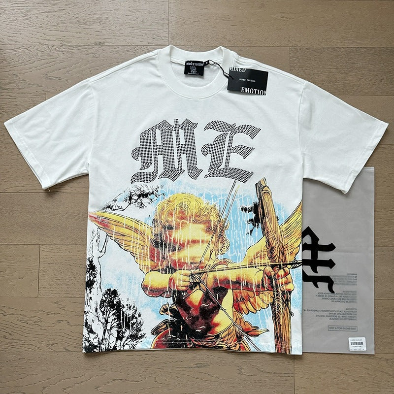 MIXEDEMOTION Retro Hot Diamond Letter Printed Summer High Street Loose Casual Men's and Women's Round Neck Short sleeved T-shirt (26)