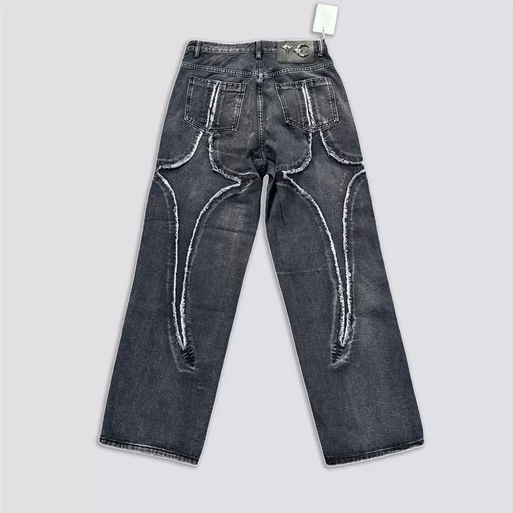 Thug Club Stiletto Pattern Embroidered Loose Denim Pants