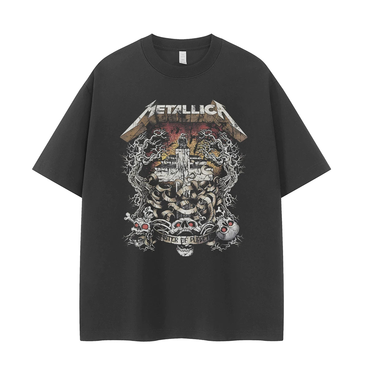 Metallica band retro American street niche design, skull cross vtg rock short sleeved T-shirt