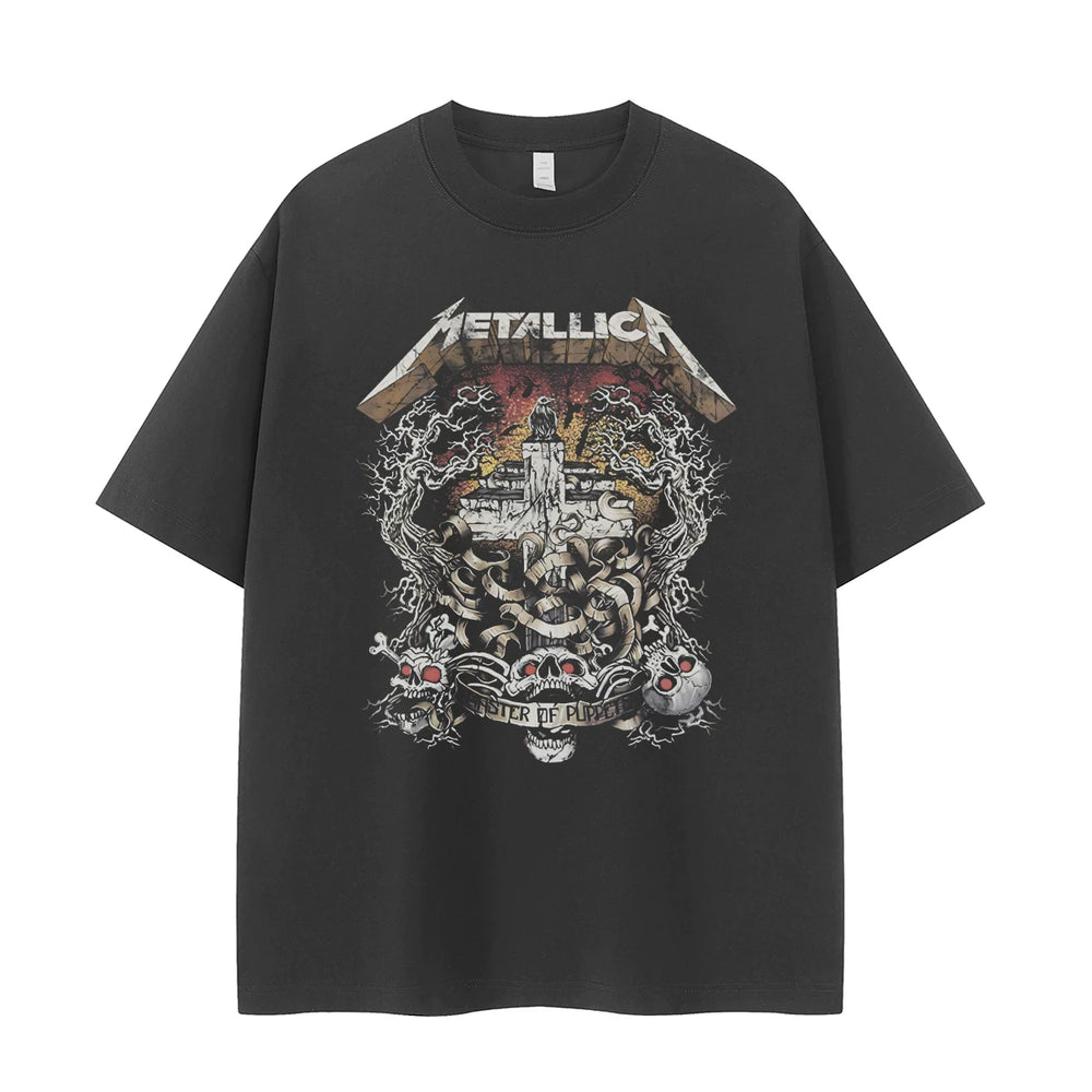 Metallica band retro American street niche design, skull cross vtg rock short sleeved T-shirt