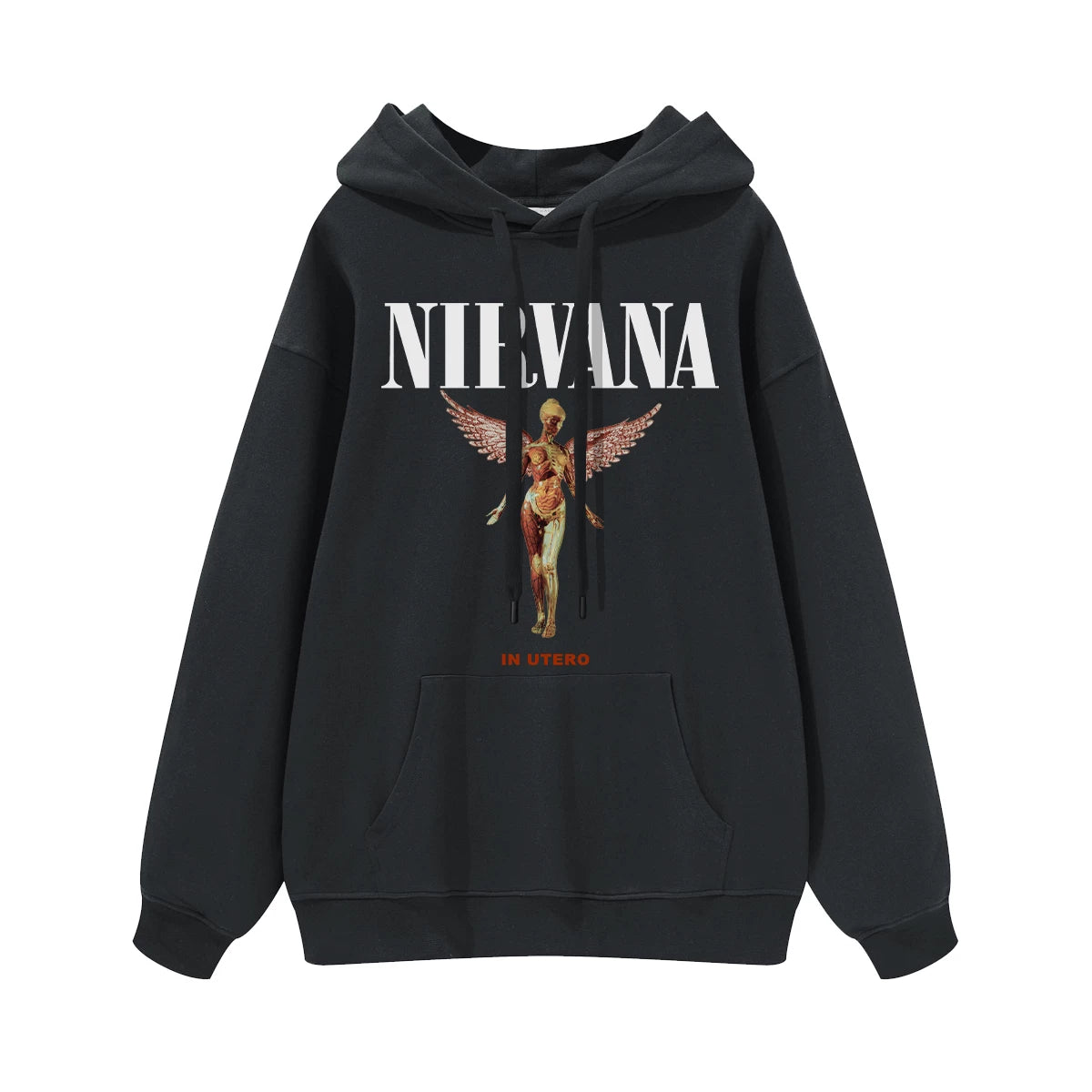 NIRVANA Nirvana Rock Band American Street Gun Flower Nirvana Black Gray White Pure Cotton Hooded Round Neck Sweatshirt (10)