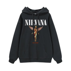 NIRVANA Nirvana Rock Band American Street Gun Flower Nirvana Black Gray White Pure Cotton Hooded Round Neck Sweatshirt (2)
