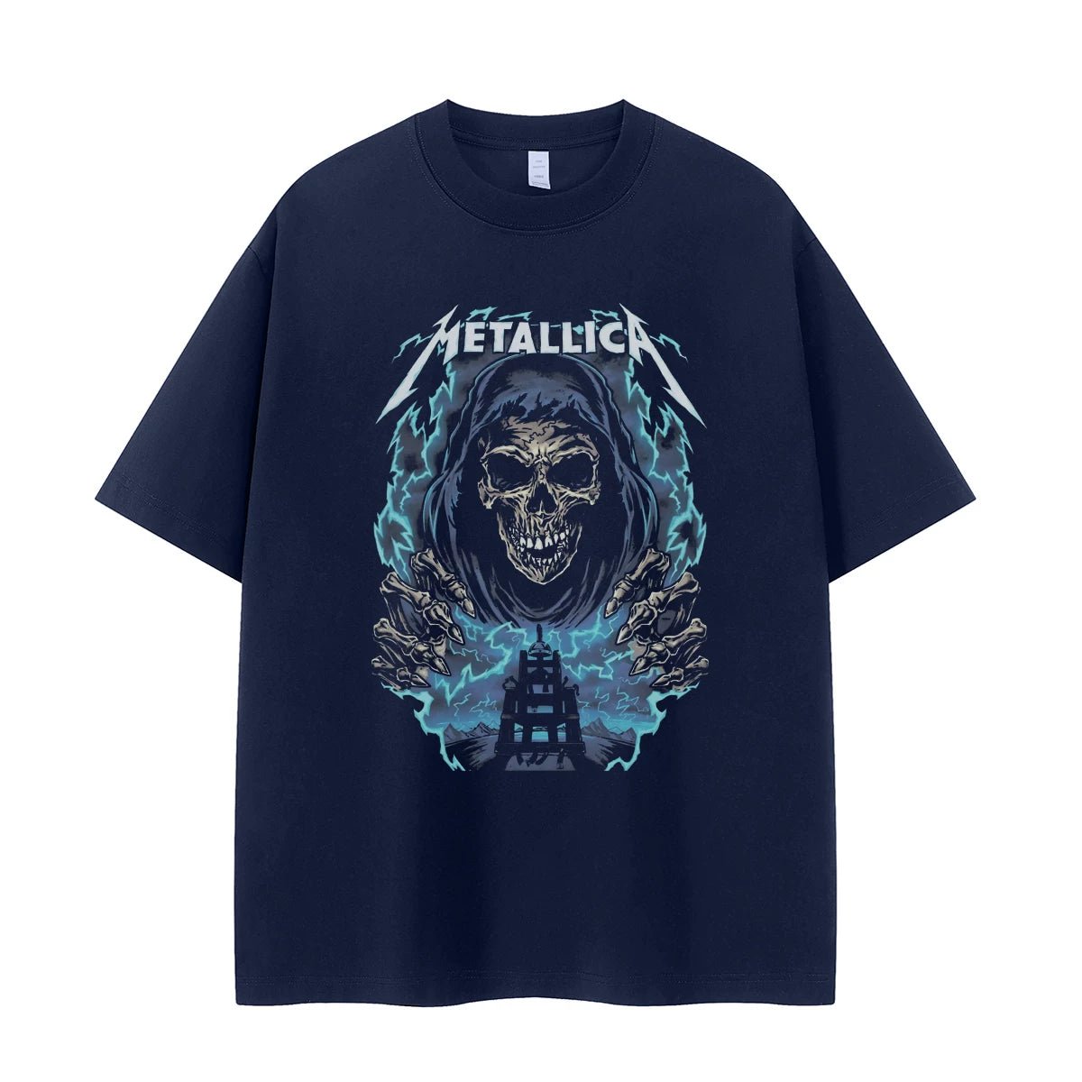 Metallica金属乐队复古美式街头暗黑骷髅落肩宽松纯棉摇滚短袖T恤