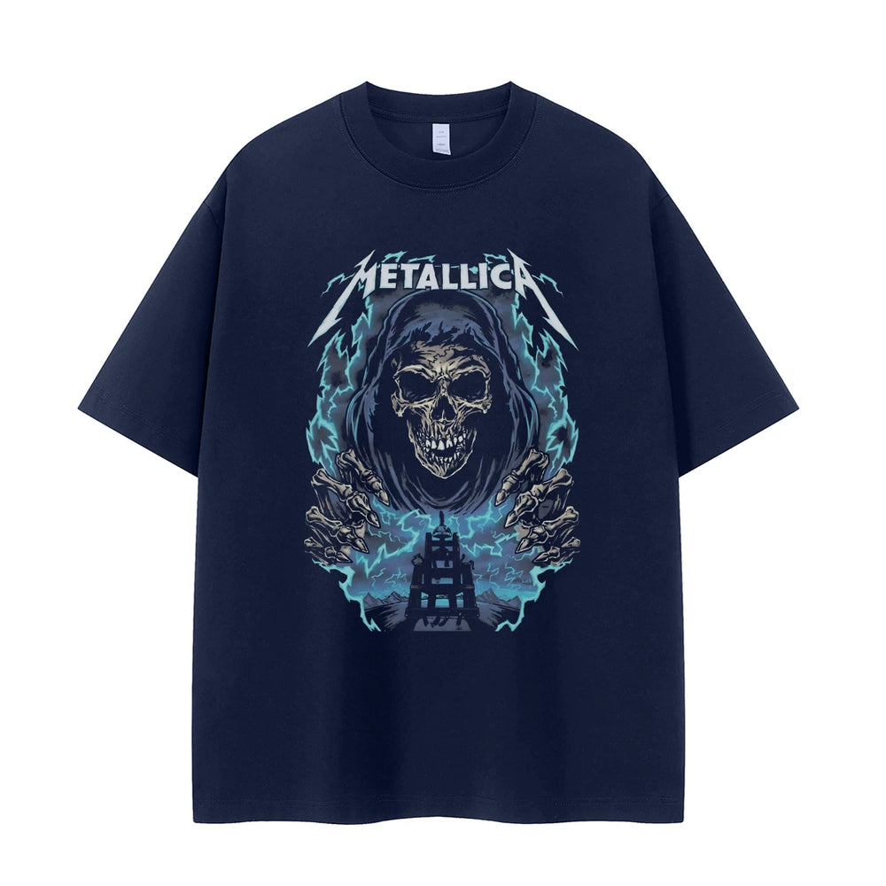 Metallica金属乐队复古美式街头暗黑骷髅落肩宽松纯棉摇滚短袖T恤