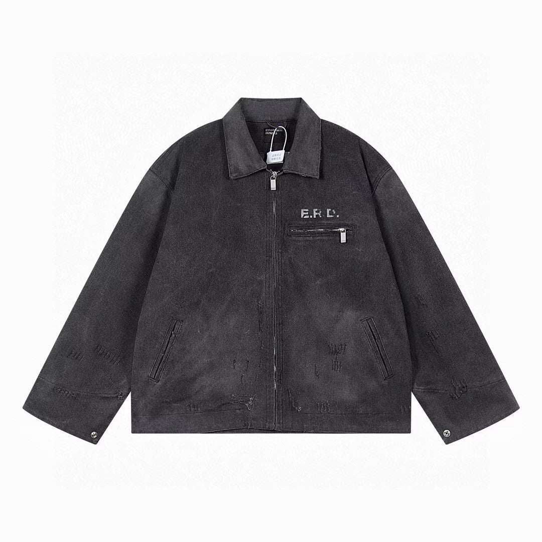 ERD Detroit lapel canvas distressed denim coat