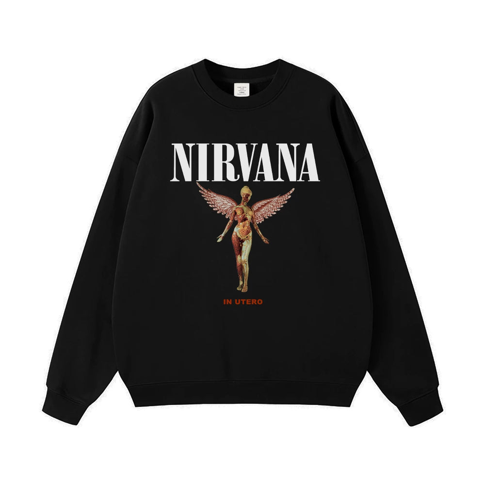 NIRVANA Nirvana Rock Band American Street Gun Flower Nirvana Black Gray White Pure Cotton Hooded Round Neck Sweatshirt (10)