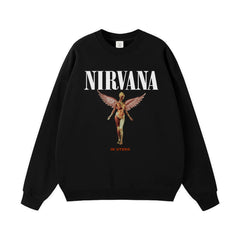 NIRVANA Nirvana Rock Band American Street Gun Flower Nirvana Black Gray White Pure Cotton Hooded Round Neck Sweatshirt (1)