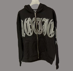 MIXED EMOTION Vintage Rhinestone Silver Lettering Full-Zip Hoodie (Black)