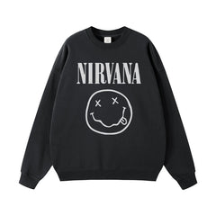 NIRVANA Nirvana Rock Band American Street Gun Flower Nirvana Black Gray White Pure Cotton Hooded Round Neck Sweatshirt (3)