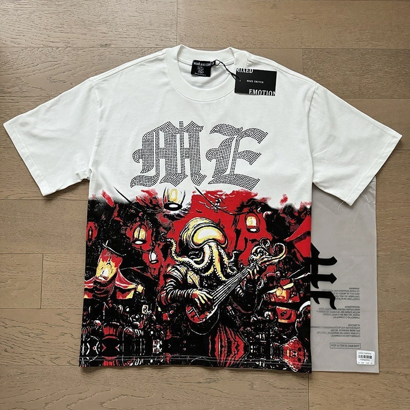 MIXEDEMOTION Retro Hot Diamond Letter Printed Summer High Street Loose Casual Men's and Women's Round Neck Short sleeved T-shirt (26)