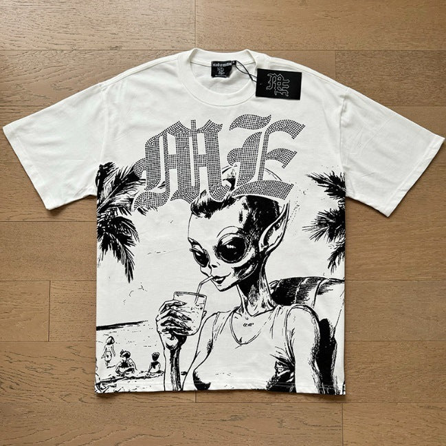 MIXEDEMOTION Retro Hot Diamond Letter Printed Summer High Street Loose Casual Men's and Women's Round Neck Short sleeved T-shirt (26)