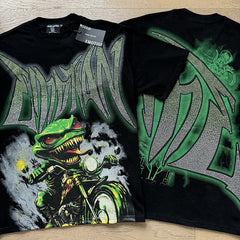 MIXED EMOTION Vintage Rhinestone Biker Monster Graphic T-Shirt (Black / Green)