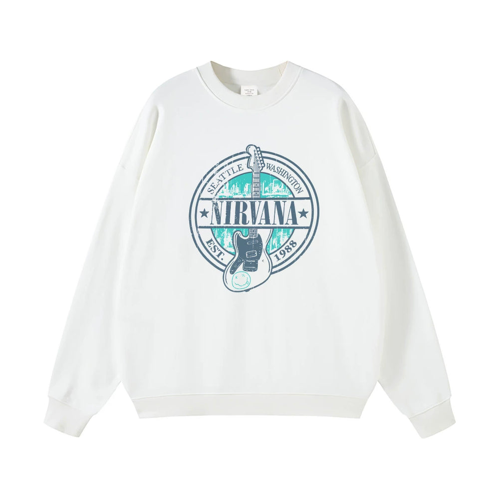 NIRVANA Nirvana Rock Band American Street Gun Flower Nirvana Black Gray White Pure Cotton Hooded Round Neck Sweatshirt (7)