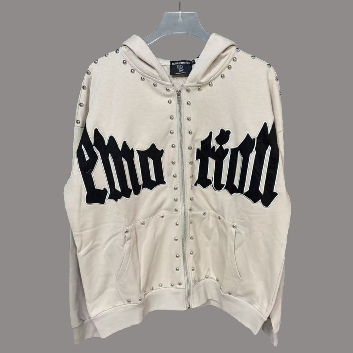 MIXED EMOTION Vintage Rhinestone Black Lettering Full-Zip Hoodie (White)