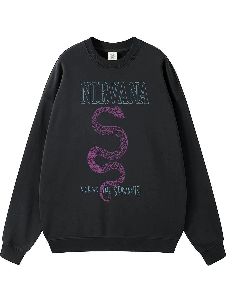 NIRVANA Nirvana Rock Band American Street Gun Flower Nirvana Black Gray White Pure Cotton Hooded Round Neck Sweatshirt (10)