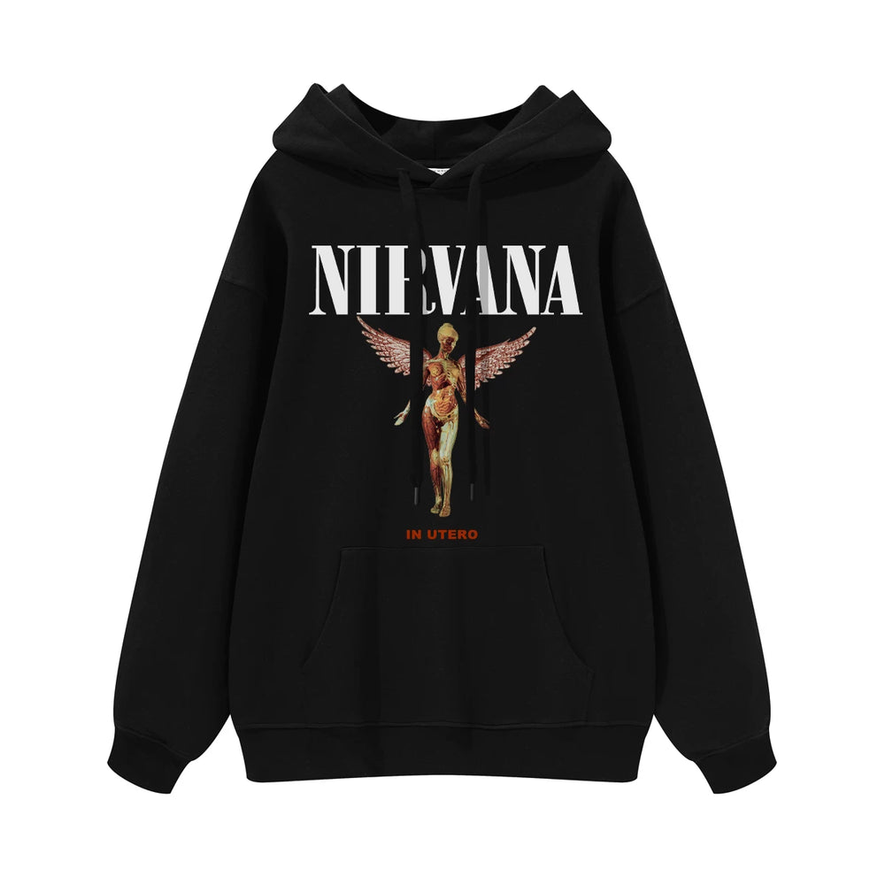 NIRVANA Nirvana Rock Band American Street Gun Flower Nirvana Black Gray White Pure Cotton Hooded Round Neck Sweatshirt (1)