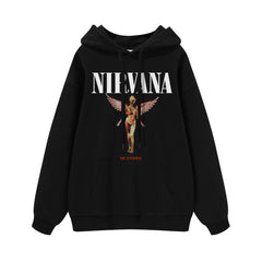 NIRVANA Nirvana Rock Band American Street Gun Flower Nirvana Black Gray White Pure Cotton Hooded Round Neck Sweatshirt (1)