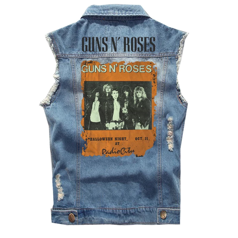 Guns N Roses sleeveless vest, punk style rock denim vest, pure cotton denim jacket (1)