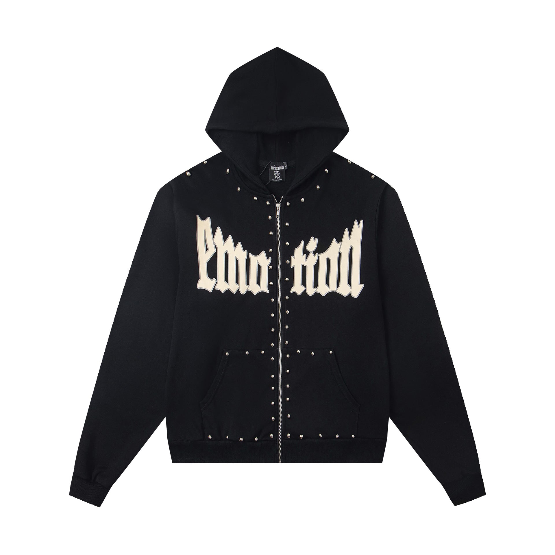 MIXED EMOTION Studded Gothic Script Zip Hoodie (Black)
