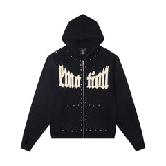 MIXED EMOTION Studded Gothic Script Zip Hoodie (Black)