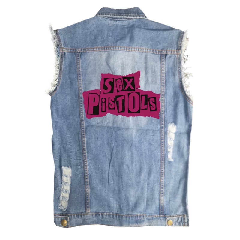 SEX PISTOLS sex pistol European and American men's street style vintage denim shirt vest sleeveless vest (2)
