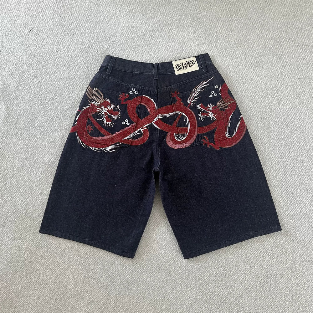 Protective Chinese dragon-patterned embroidered denim shorts