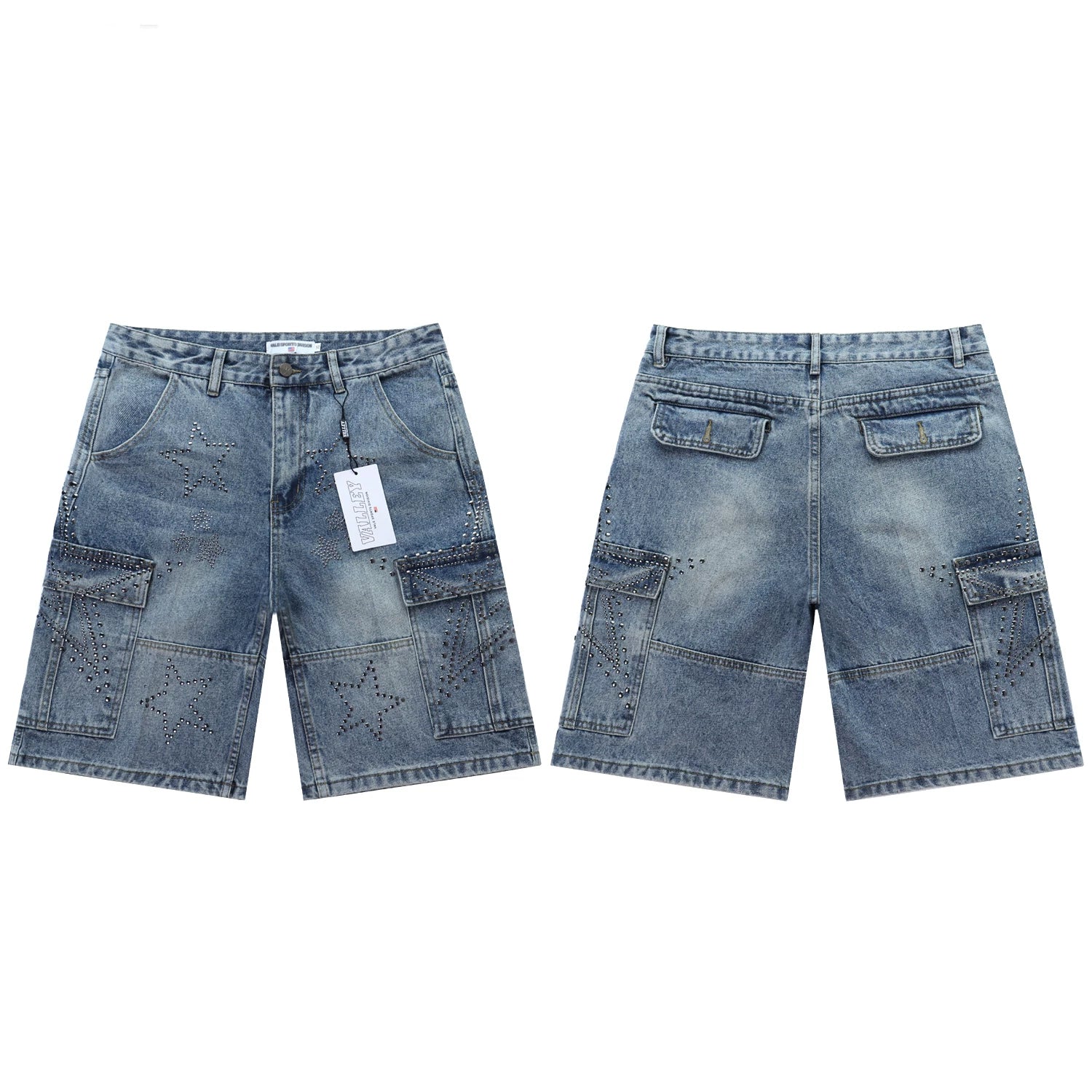 Vale washed and ironed diamond-patterned denim shorts