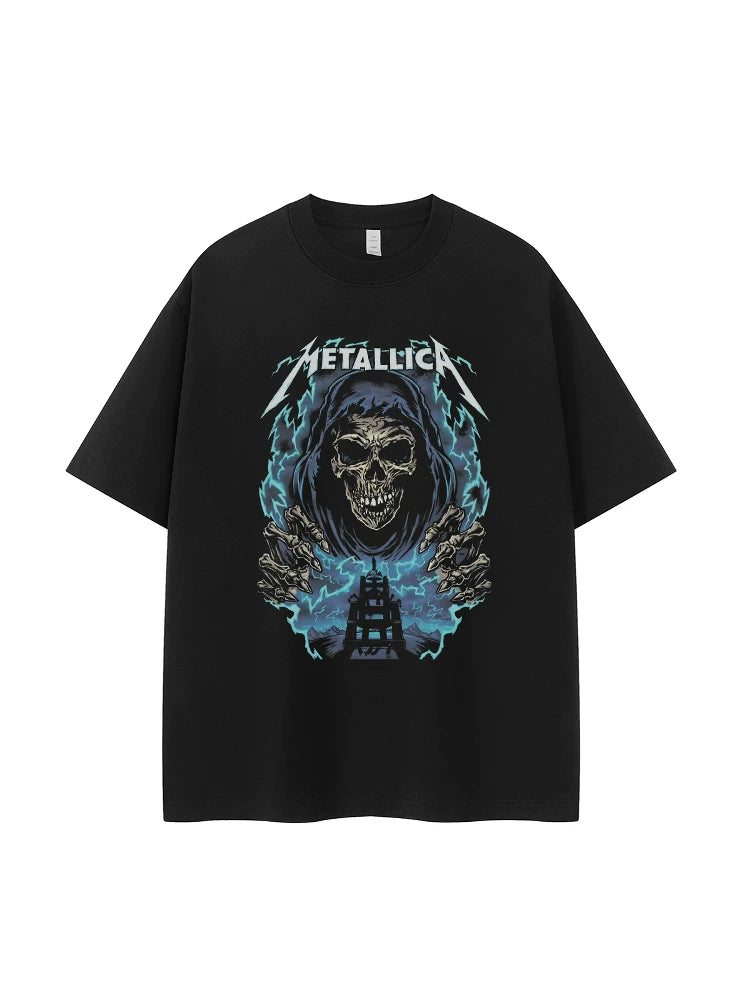 Metallica金属乐队复古美式街头暗黑骷髅落肩宽松纯棉摇滚短袖T恤