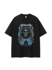 Metallica金属乐队复古美式街头暗黑骷髅落肩宽松纯棉摇滚短袖T恤