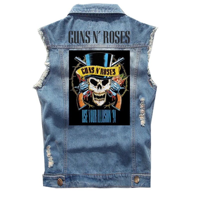 Guns N Roses sleeveless vest, punk style rock denim vest, pure cotton denim jacket (2)