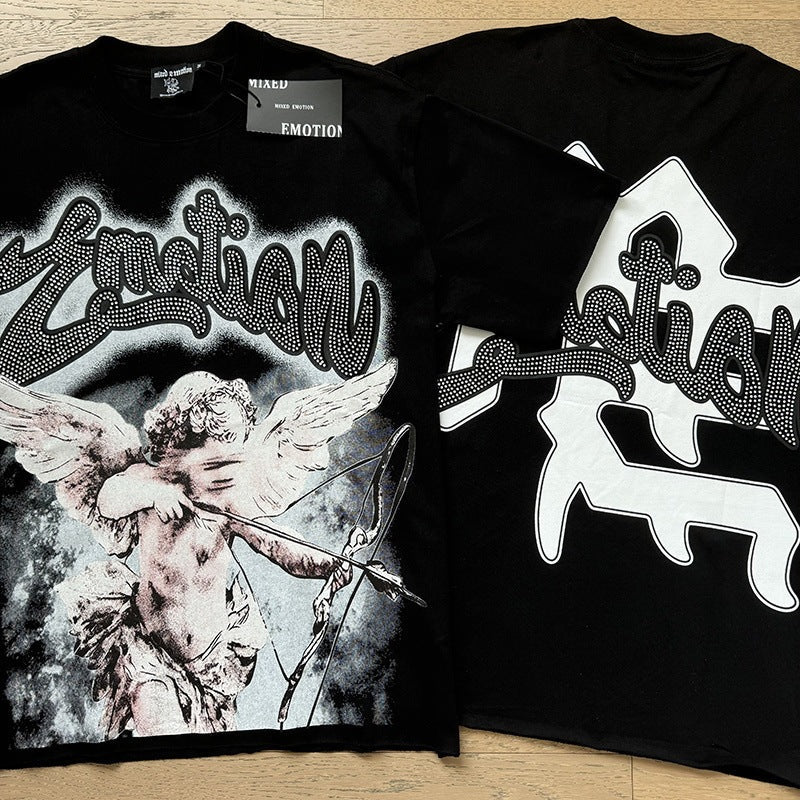 MIXED EMOTION Vintage Rhinestone Cupid Archer Graphic T-Shirt (Black)